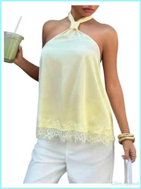 Satin Lace Halter Tank Top Sleeveless Open Back Slim Fit Dressy Top