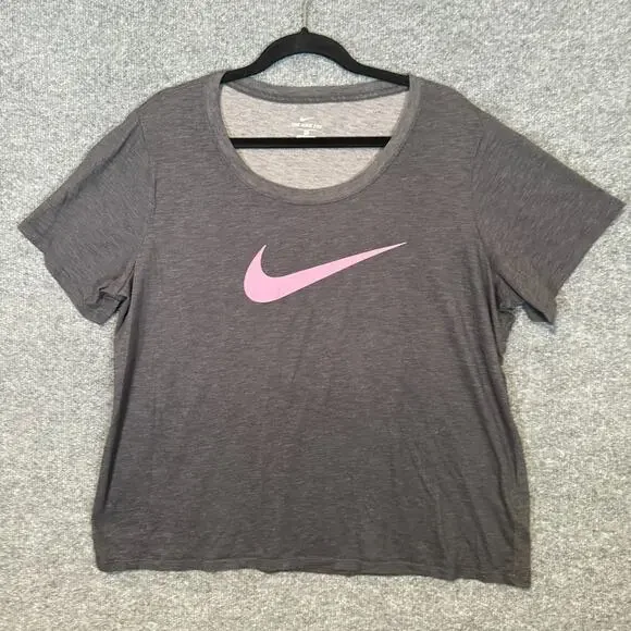 Nike Shirt Women 1X Gray Dri Fit Pink Big Swoosh Tshirt Stretch Casual Plus Size
