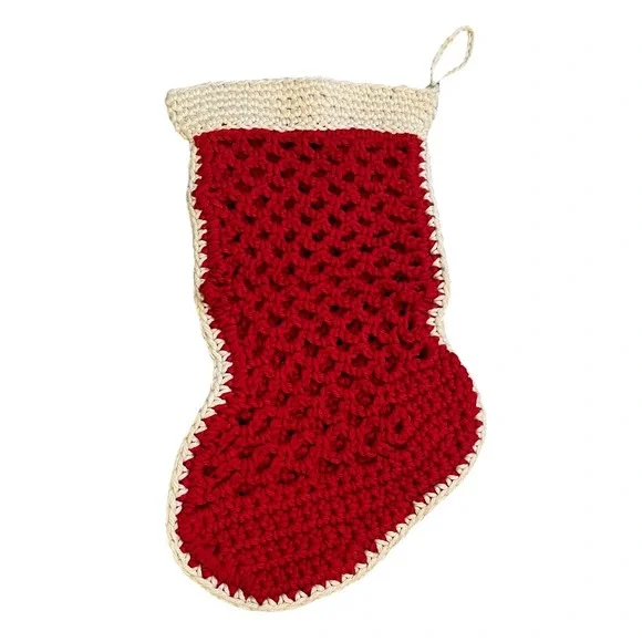 Vintage Christmas Crochet Stocking Handmade‎ Holiday Red White Traditional