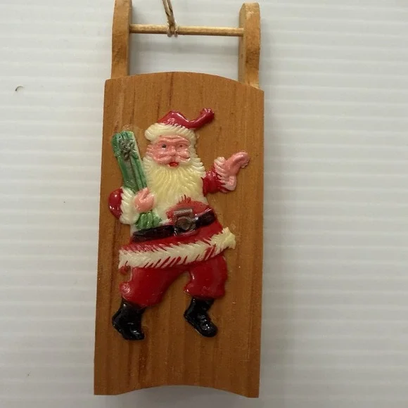 Vintage 70s Wooden Sled Santa Christmas Ornament Trent Decoration