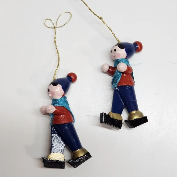 VINTAGE Wood Wooden Small Ice Skaters Christmas Holiday Ornaments Set of 2