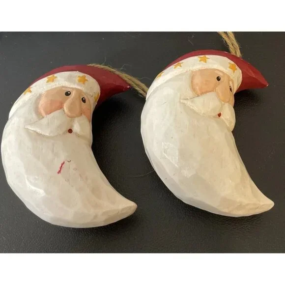 Wood Style Moon Shaped Santa Claus Holiday‎ Christmas Ornaments Stars Set Of 2