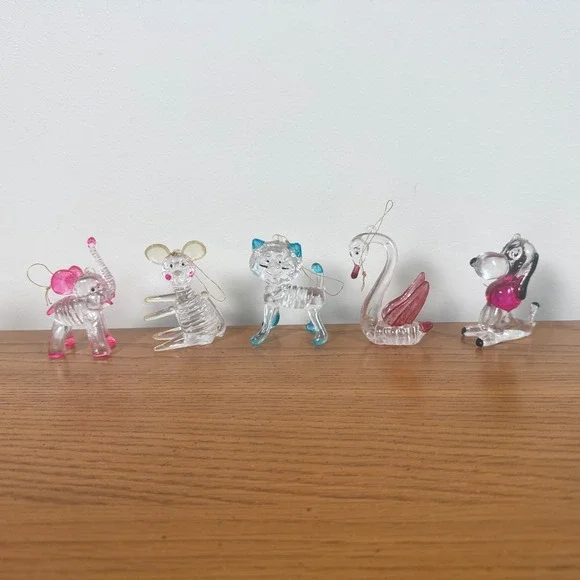 Vintage Spun Plastic Glass look Ornaments Lot of 5 Elephant Cat Swan Dog Mouse‎