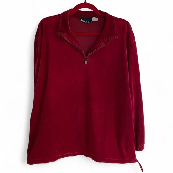 Liz Claiborne LizSport Quarter Zip Red Velour Pullover Sweatshirt Size L