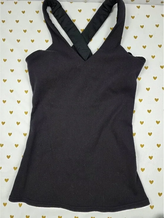 Alo Yoga Ribbed Cross Back Shelf Bra Tank Top Black Women's XS Athletic