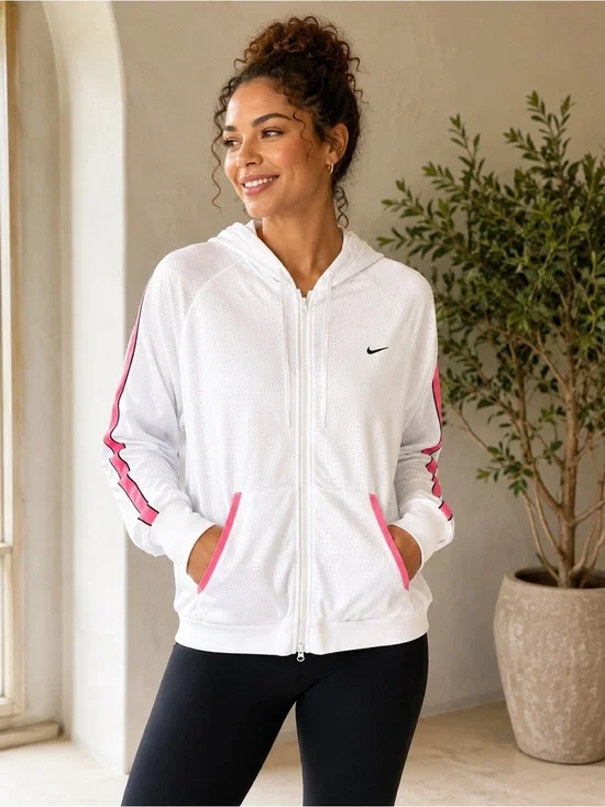 Nike Dri-FIT White Pink Full Zip Hooded Jacket Medium Running Workout Hoodie