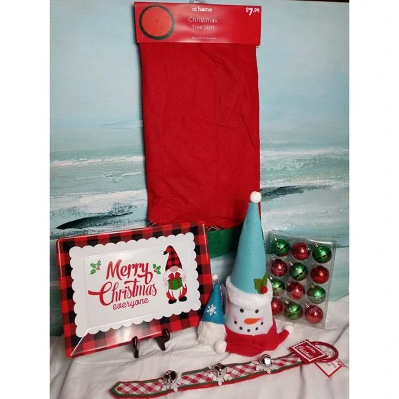 Christmas Ornament Lot With Tree Skirt Gnome Serving Tray Snowman Tree‎ Topper
