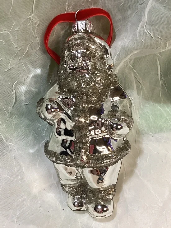 Silver Mercury Glass Glitter Santa Ornament Red Velvet Ribbon 5.5