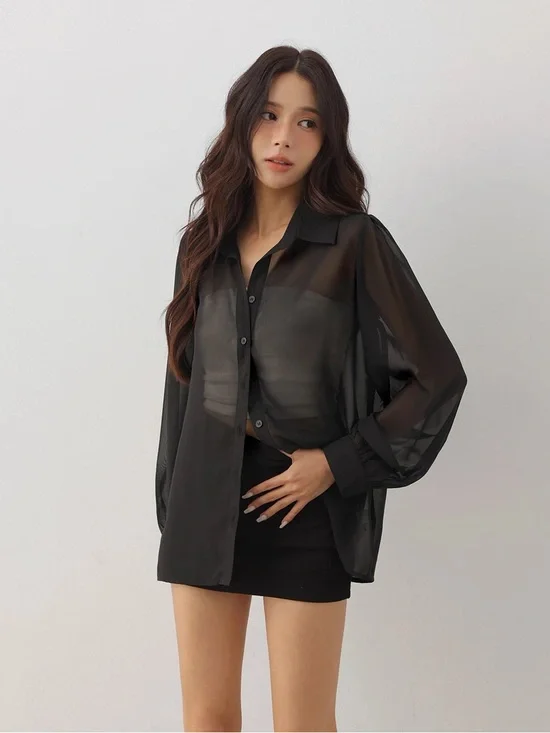Open Edit Black Sheer Button Front Long Sleeve Blouse Size M Office Minimalist