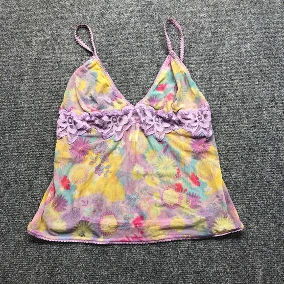Delicates Floral Mesh Camisole Top Purple Lace Trim Sheer Y2K Large