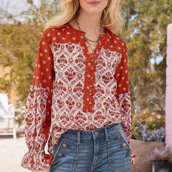 SUNDANCE Explorer Patchwork Orange Lavender Block Print Henley Boho Top
