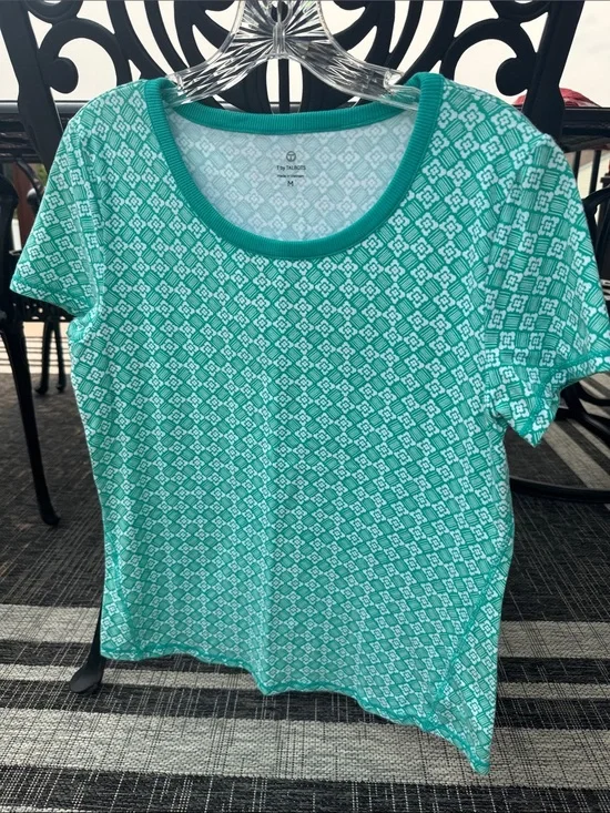Talbots Aqua Short Sleeve Scoop Neck Top with White Geometric Print