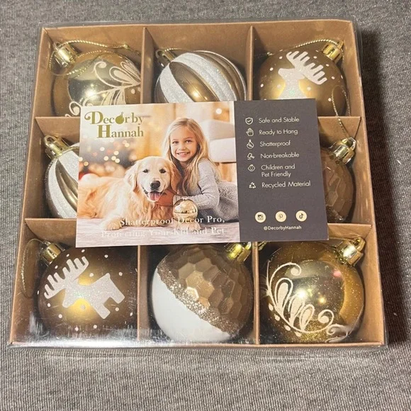 Decor by Hannah 9pc Shatterproof‎ Christmas Ornaments Gold Reindeer Snowflake 9