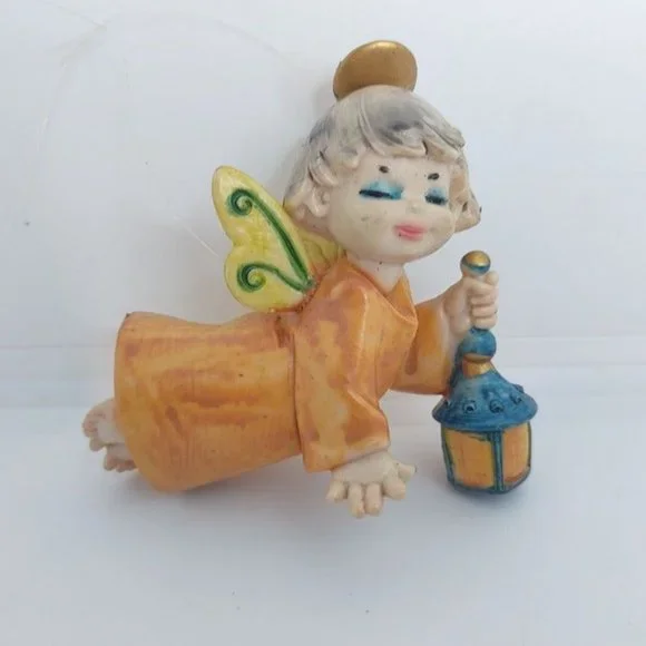 Depose Fontanini‎ Italy VTG flying angel ornament holding lantern orange 3 in