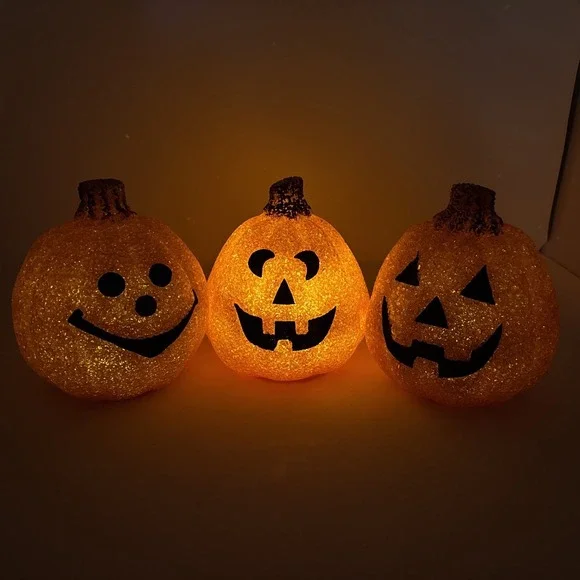 Lot Of 3 VTG‎ Halloween Melted Plastic Popcorn Light Up Jack O Lanterns Seasons