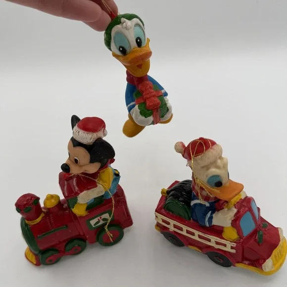 3 Disney Mickey Donald Christmas Ornaments Train Fire Truck‎ Holiday Vintage