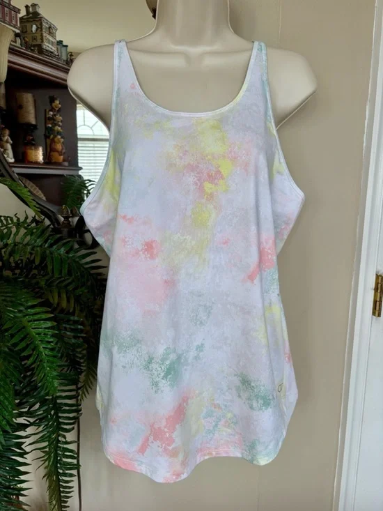 Brand New CALIA Flow Overlap Mesh Strappy Workout Tank Top in Lemon Ice Tie Dye