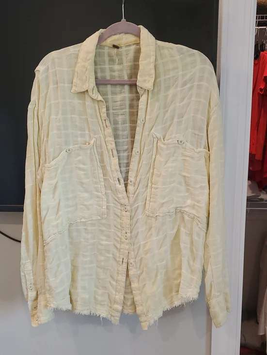 Free People Light Yellow Gauze Button-Down Shirt