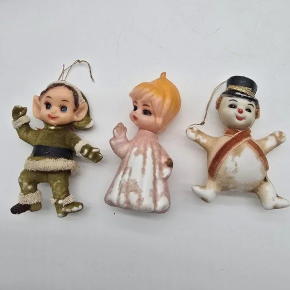 Vintage Christmas Ornaments Mixed Flocked Felt Fabric Lot Of 3 Elf Angel‎ Frosty