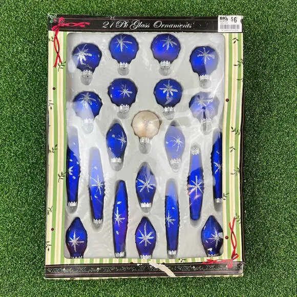 Vintage 21 Pk Blue Glass Christmas Ornaments Silver Snowflake Designs