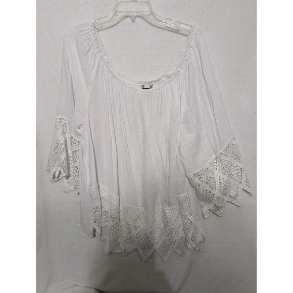Unique Spectrum Womens White Boho Lace Trim Off Shoulder Peasant Blouse Top 3X