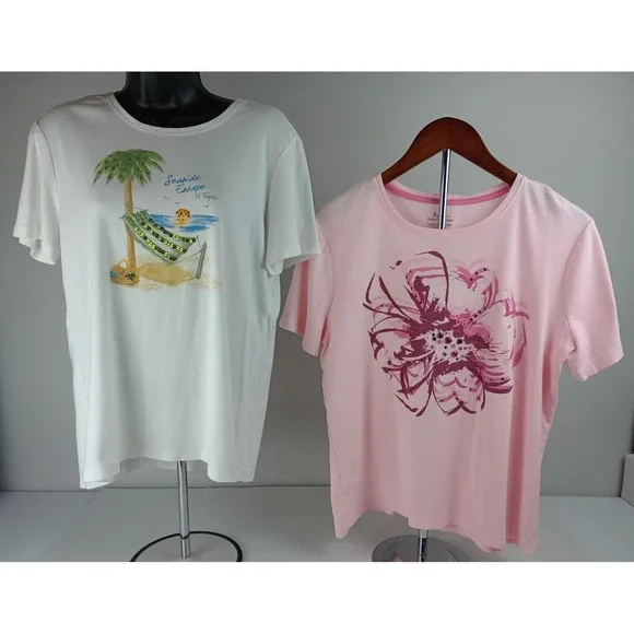 Lot of 2 Tapemeasure Women's Size Large T-Shirts White Beach Pink Floral