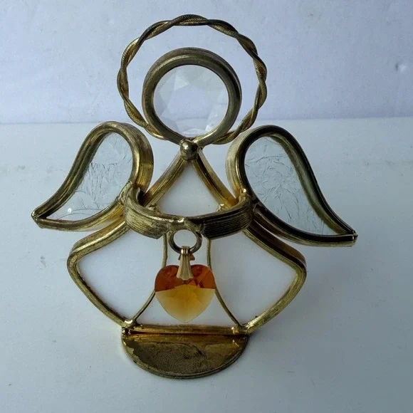 Vintage 1997 Jeny Stained Glass Angel Figurine Amber Heart Crystal B-11