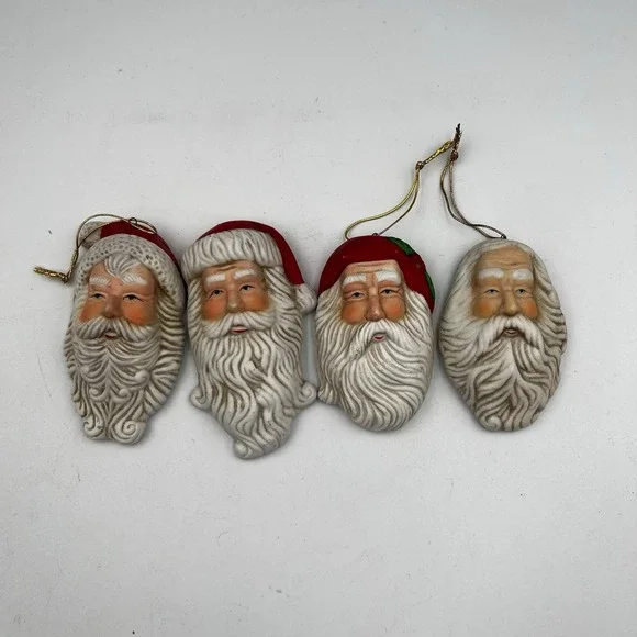 Lot of 4 Vintage 90's Ceramic Painted‎ Santa Head Christmas Ornaments Classic