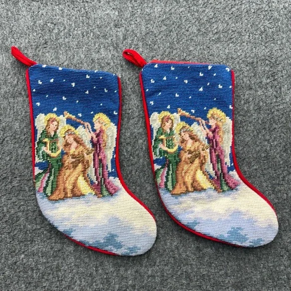 Vintage Christmas Needlepoint Angel Stockings Lined Inside Velvet Backing Set