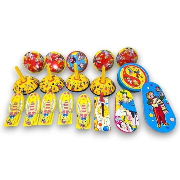 Vintage Tin Noisemaker Large Lot 18 US Metal Toy Mfg Co Clown Cricket Mariachi