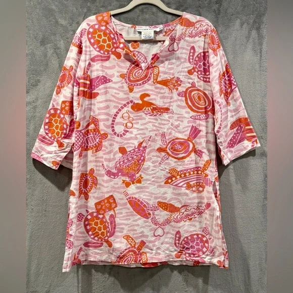 Gretchen Scott Turtle Time Tunic 100% Cotton Womens Size Medium Beach Resortwear