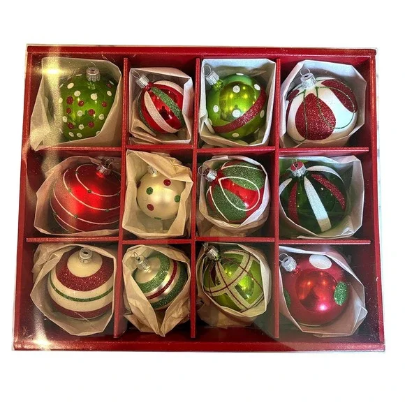 Crate and Barrel Glass Ornaments Set of 12 Red Green Glitter Handcrafted Czech