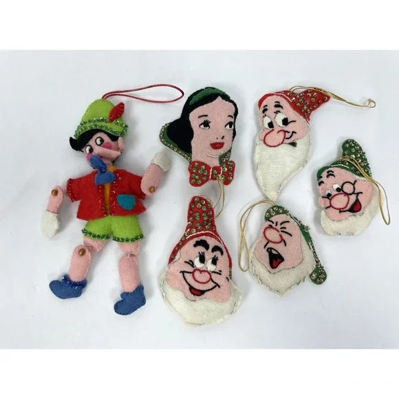 Disney Ornaments Felt Sequins Pinocchio Snow White Dwarfs Vintage 6