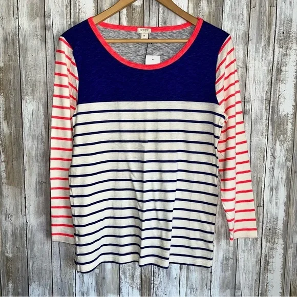 J.Crew Striped Long Sleeve Tee NWT Blue White Coral Knit Top M Casual Classic
