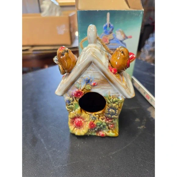 Chesapeake Bay Ltd Ceramic Birdhouse Ornament Floral Birds Figurine with Box