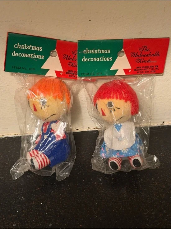 Vintage Christmas Ornaments, Raggedy Ann & Andy Dolls