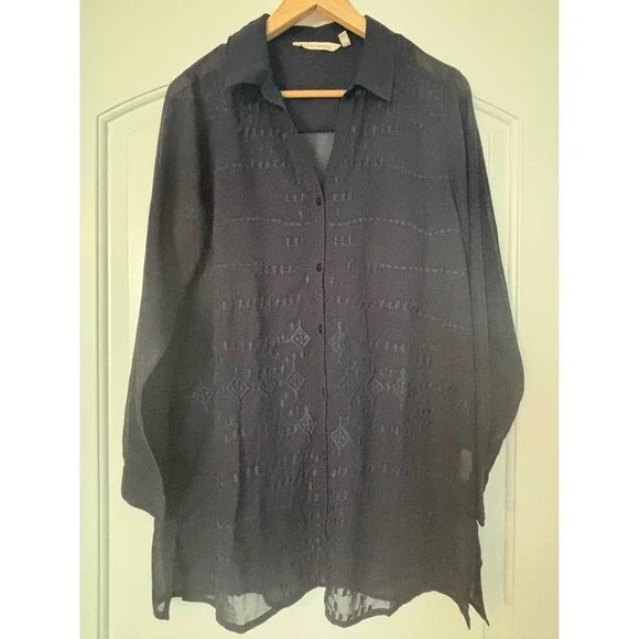 Soft Surroundings Ibiza Embroidered Sheer Tunic Blouse Navy Medium W/ Camisole
