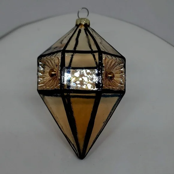 Geometric Champagne Beveled Drop Glass‎ Christmas Ornament Floral Imprint 5.5