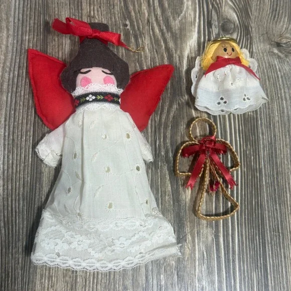 Vintage Angel Ornament Set 3pc Fabric Lace Woven Straw Christmas Folk Art Decor
