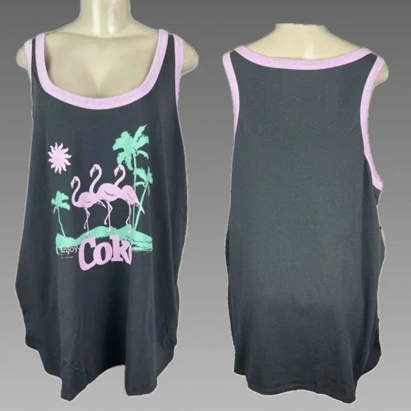 Coca-Cola 6X Gray Pink Flamingo Palm Trees Tropical Graphic Tank Top Scoop Neck