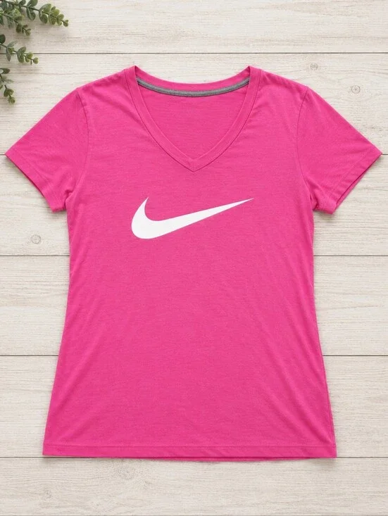 Nike Pink Swoosh Logo V-Neck Tee Women's Size 6 Athletic Top