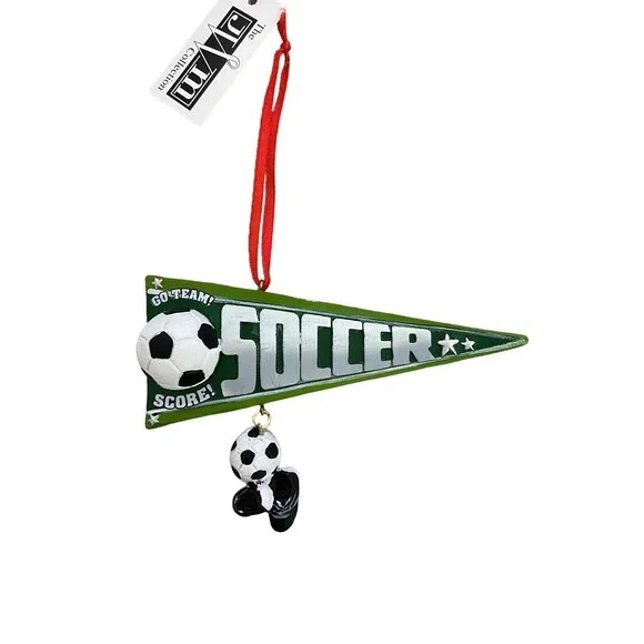 The JWM Collection  Christmas Ornament Green and White Soccer Player Pennant