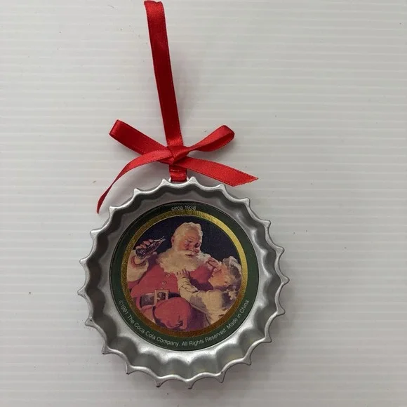 Vintage Coca-Cola Bottle Cap Christmas Tree Ornament 1991 Santa & Child Coke