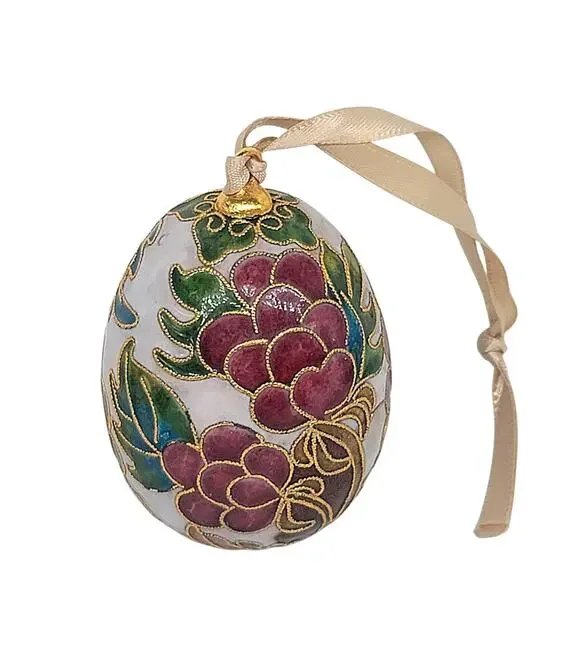 Vintage Cloisonné Egg Ornament Floral Enamel Hanging Decor 3