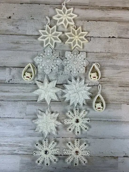 Vtg Handmade Christmas Ornaments Lot 14 Plastic Canvas Snowflakes Stars Bears