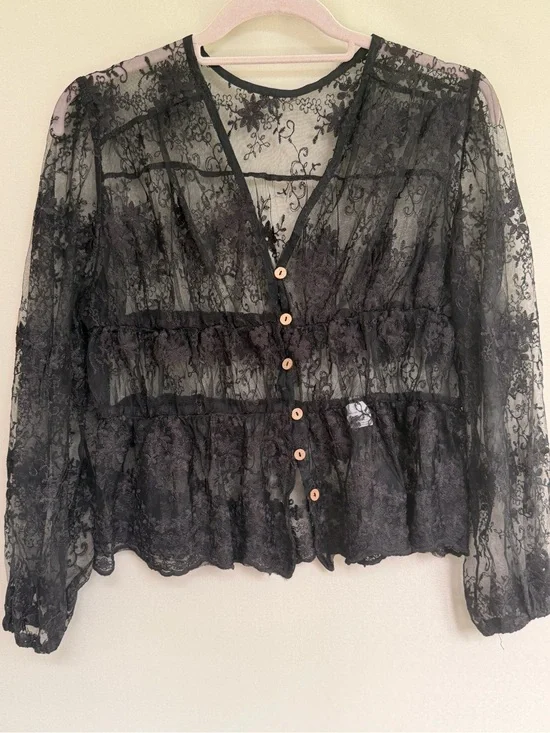 Sheer Black Lace Button-Front Women's Top