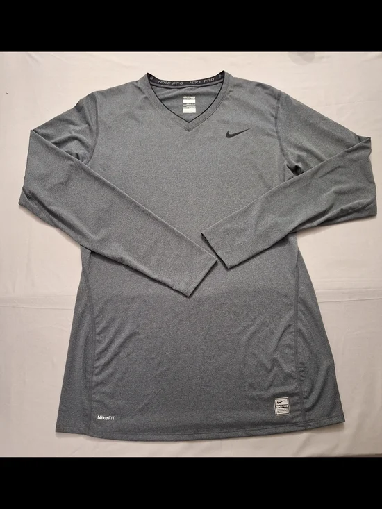 Nike Pro Women's Gray Long-Sleeve Fitted V-Neck Dri-FIT Performance Top, XL
