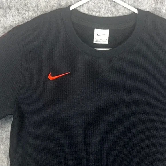 Nike Womens Waffle Knit Thermal Long Sleeve‎ Top Black Red Swoosh Medium