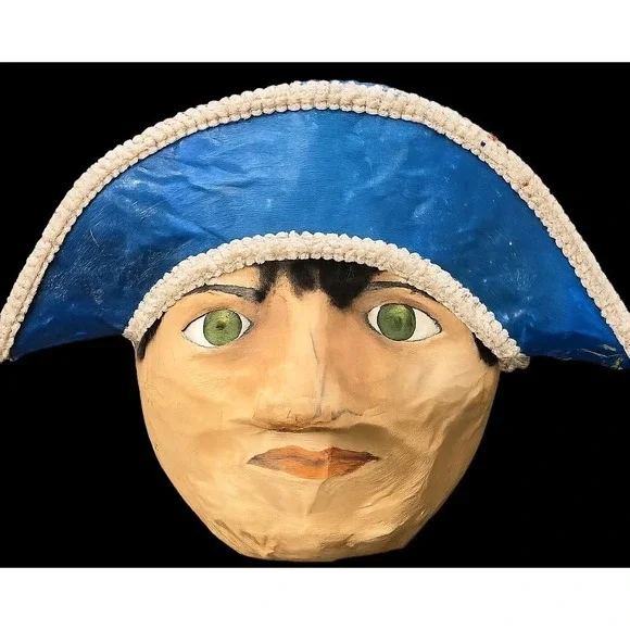 1990 Signed Paper Mache Pirate Explorer Face Mask Wall Hanging Folk Art Blue