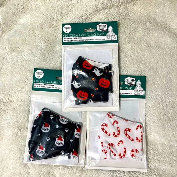 NWT PAVILION CARES | 3 Kid's Holiday Fabric‎ 3D Reusable Face Masks 6+